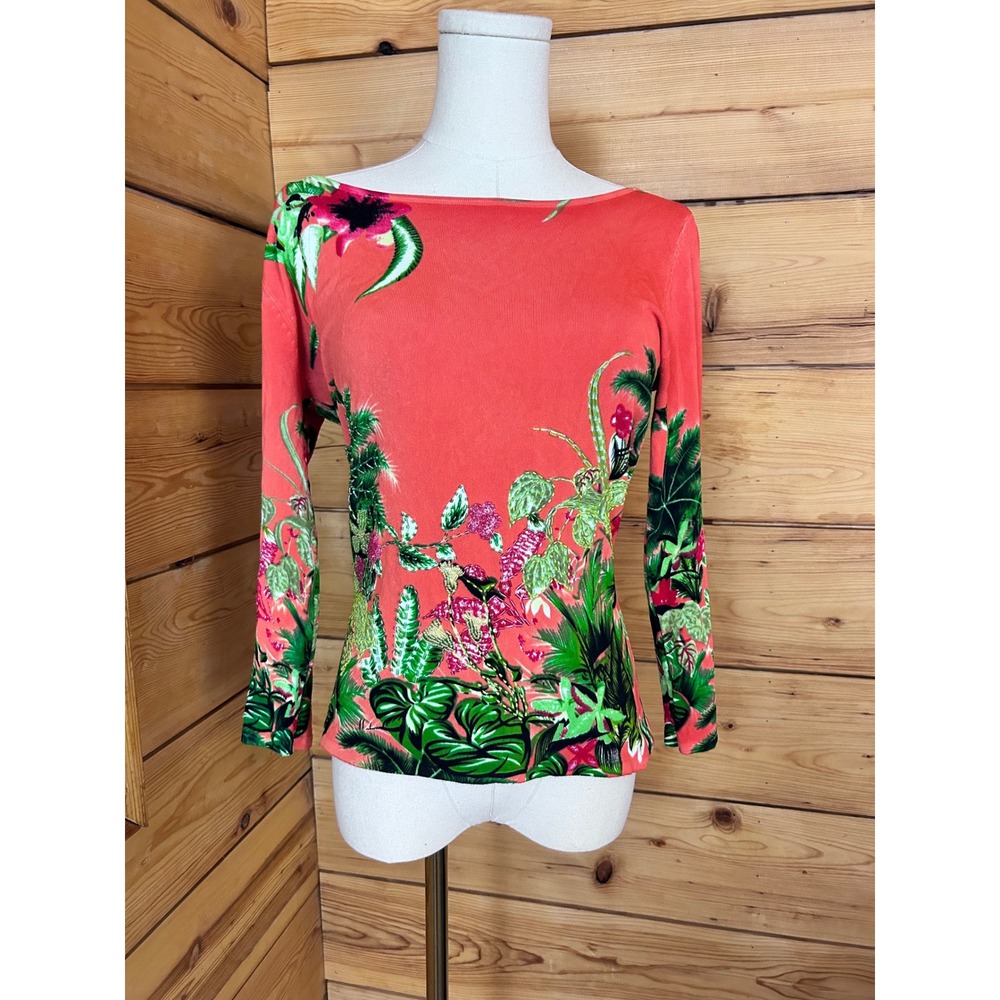 Tropical Floral Print Boat Neck Knit Shirt Women Medium Coral Pink Aubergine Y2K